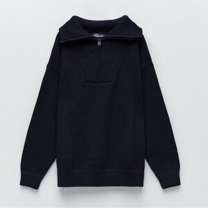 Zara Navy Zip-Front Ribbed Sweater